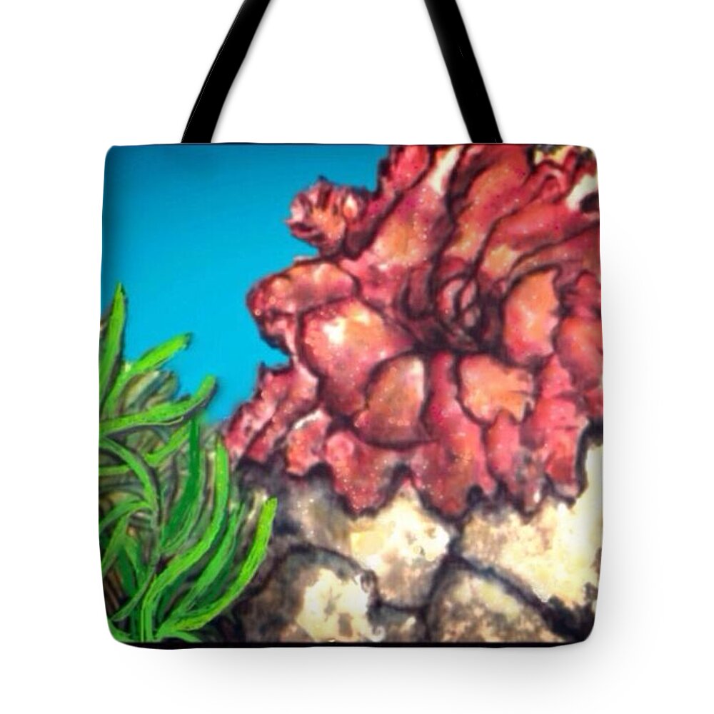 Nature Water Scene Blue Green Golden Orange Coral Sea Anemones Blue Water Taupe Sand Tote Bag featuring the painting The Odd Couple Two Very Different Sea Anemones Cohabitat by Kimberlee Baxter