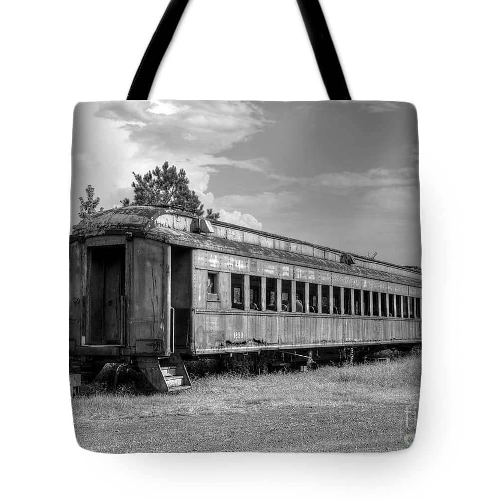 Black And White Tote Bag featuring the photograph The Old Forgotten Train by Kathy Baccari