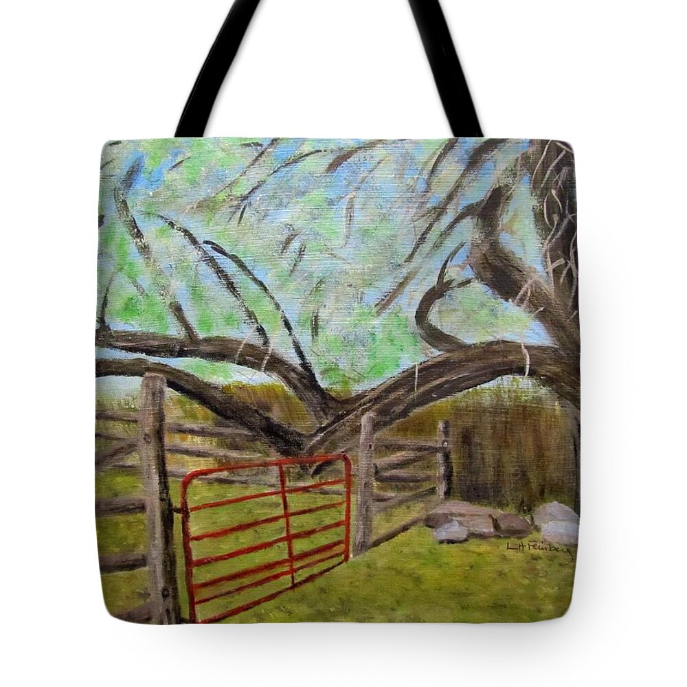 Landscape Tote Bag featuring the painting The Old Gate by Linda Feinberg