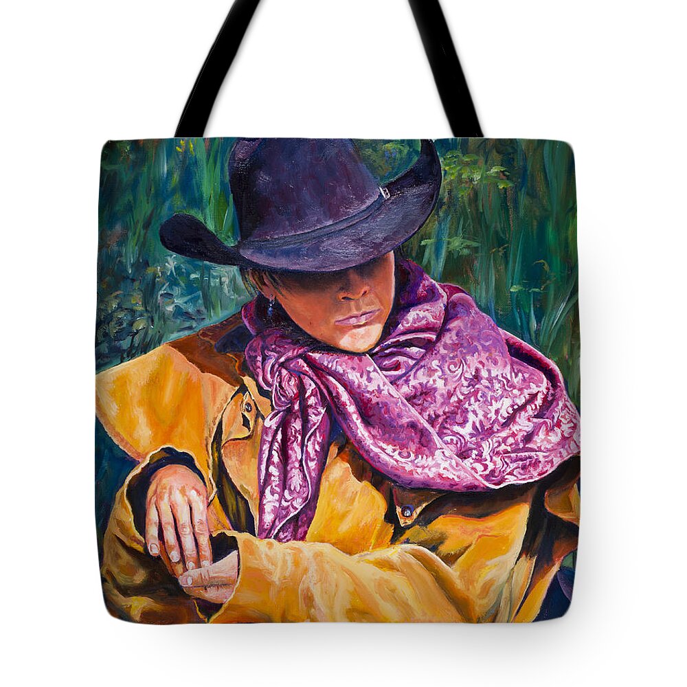 Cowboy Tote Bag featuring the painting The Purple Scarf by Page Holland