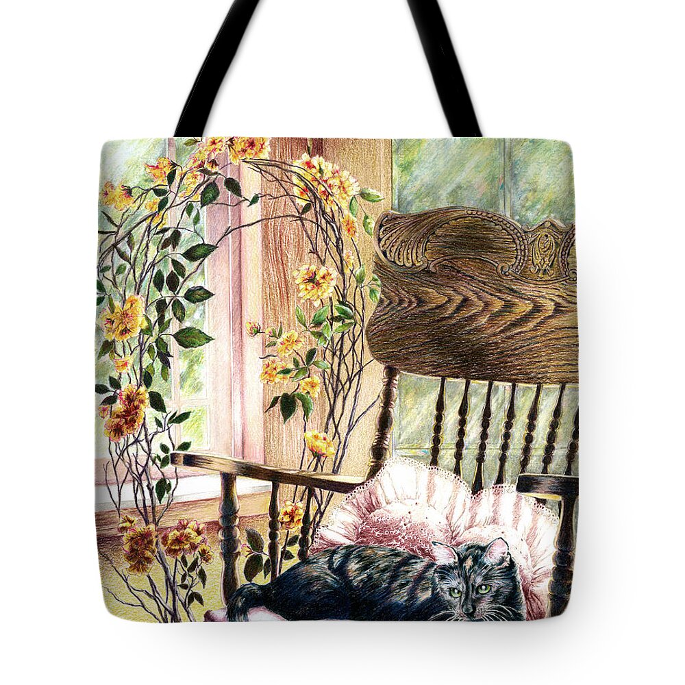 Cat Tote Bag featuring the drawing the QUEEN is on her throne by Jill Westbrook