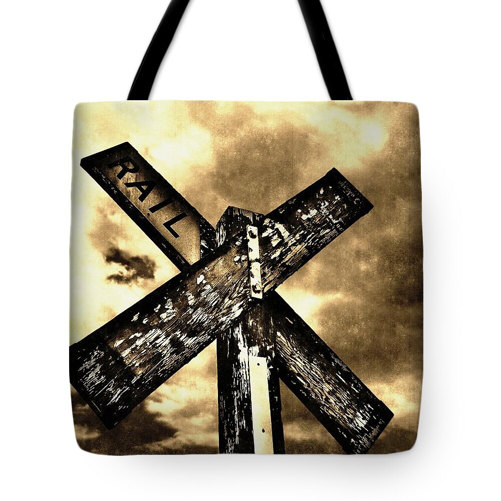 Railroad Sign Tote Bag featuring the photograph The Railroad Crossing by Glenn McCarthy Art and Photography