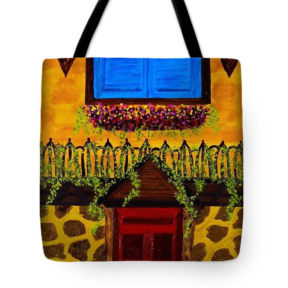 Red Door On Stone House Tote Bag featuring the painting The Red Door by Celeste Manning