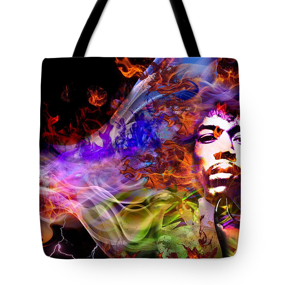 Jimi Hendrix Tote Bag featuring the digital art The Return of Jimi Hendrix by Mal Bray