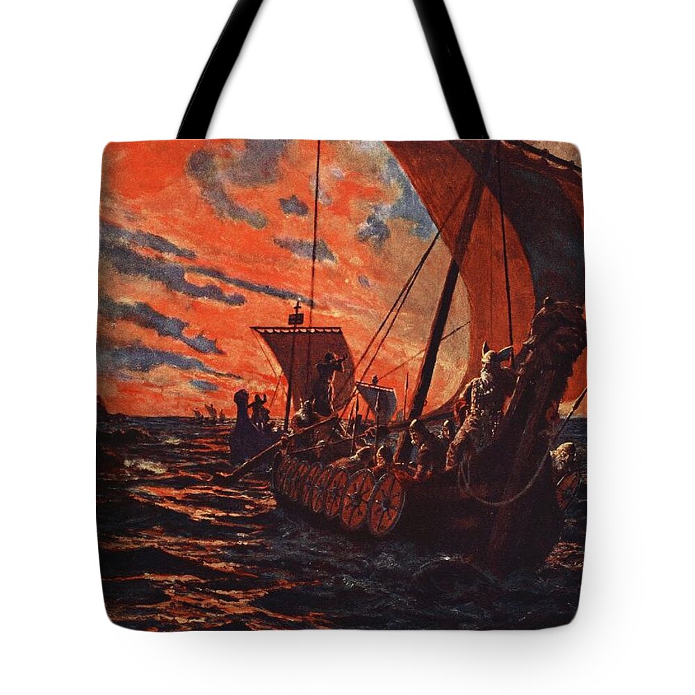 Sunset Tote Bag featuring the drawing The Return Of The Vikings by John Harris Valda