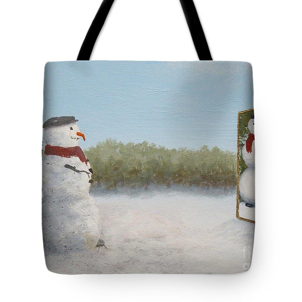 Snowman Tote Bag featuring the painting The Right Mirror by Phyllis Andrews