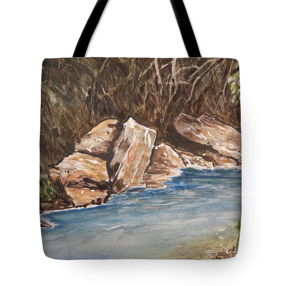 Rocks Tote Bag featuring the painting The River's Edge by Betty-Anne McDonald