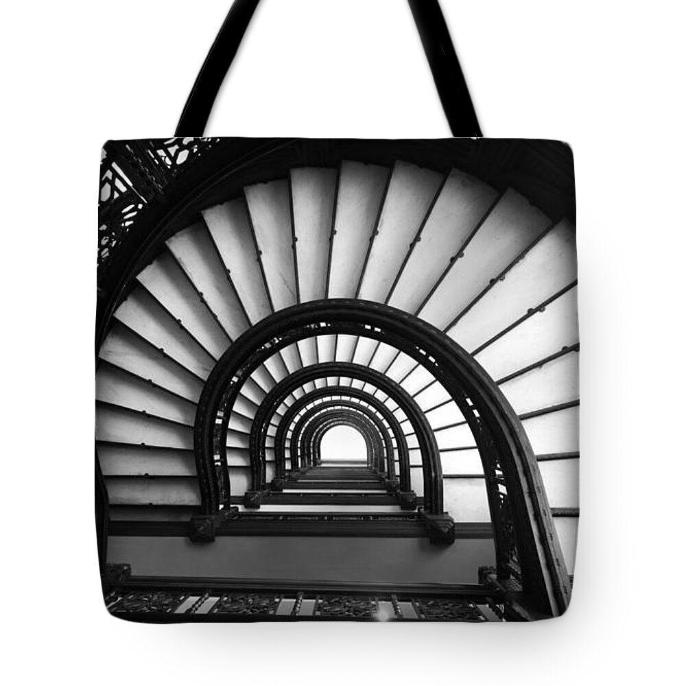 Kelly Tote Bag featuring the photograph The Rookery Staircase in Black and White by Kelly Hazel