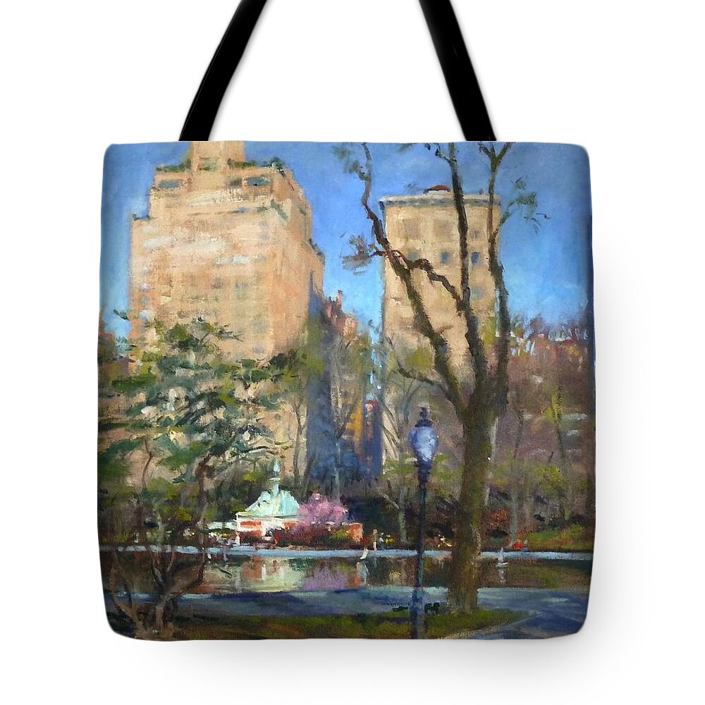 Toy Sailboat Tote Bag featuring the painting The Sailboat Pond in Central Park by Peter Salwen