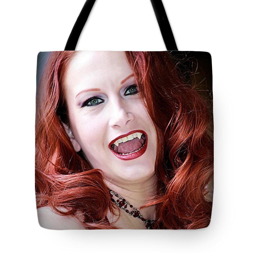 Vampire Tote Bag featuring the photograph The Scarlet Vampire Lady by Jon Volden