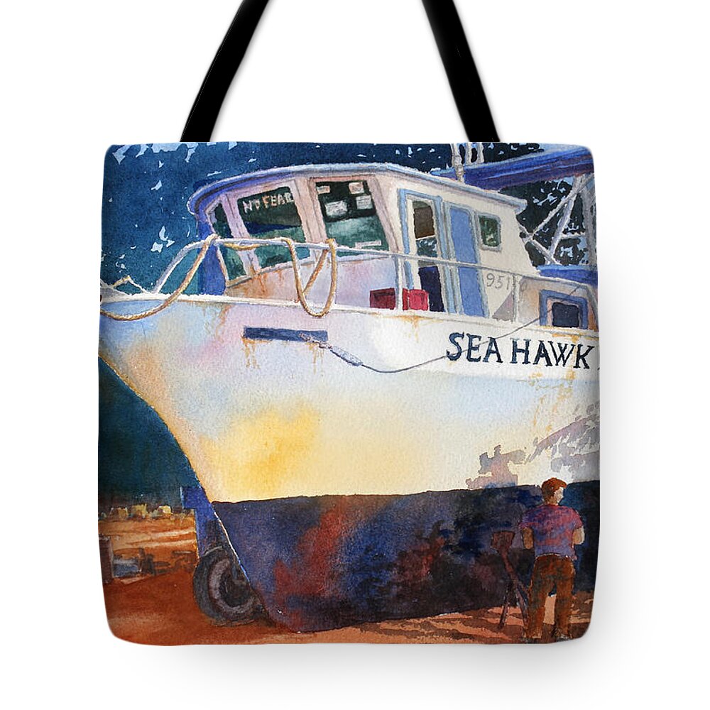 Boat Tote Bag featuring the painting The Sea Hawk in Drydock by Roger Rockefeller