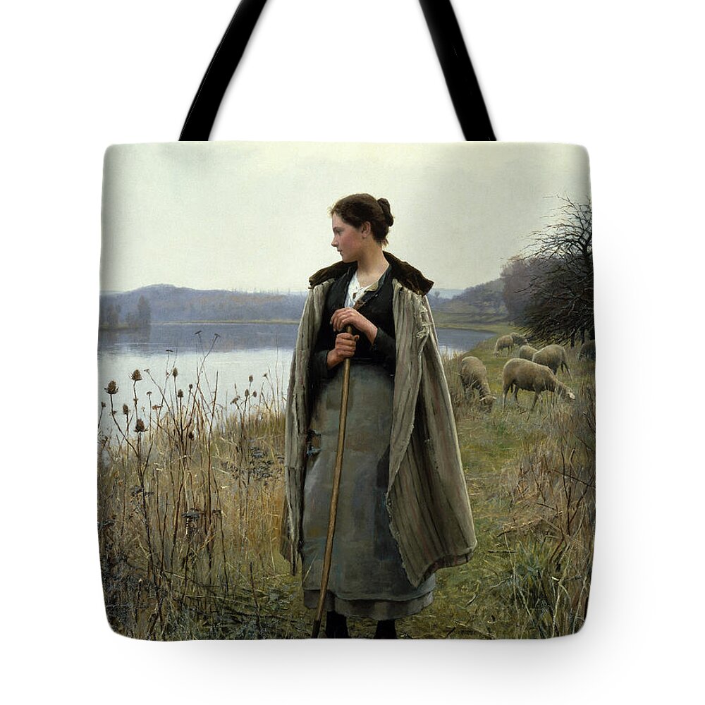 Daniel Ridgway Knight Tote Bag featuring the painting The Shepherdess of Rolleboise by Daniel Ridgway Knight