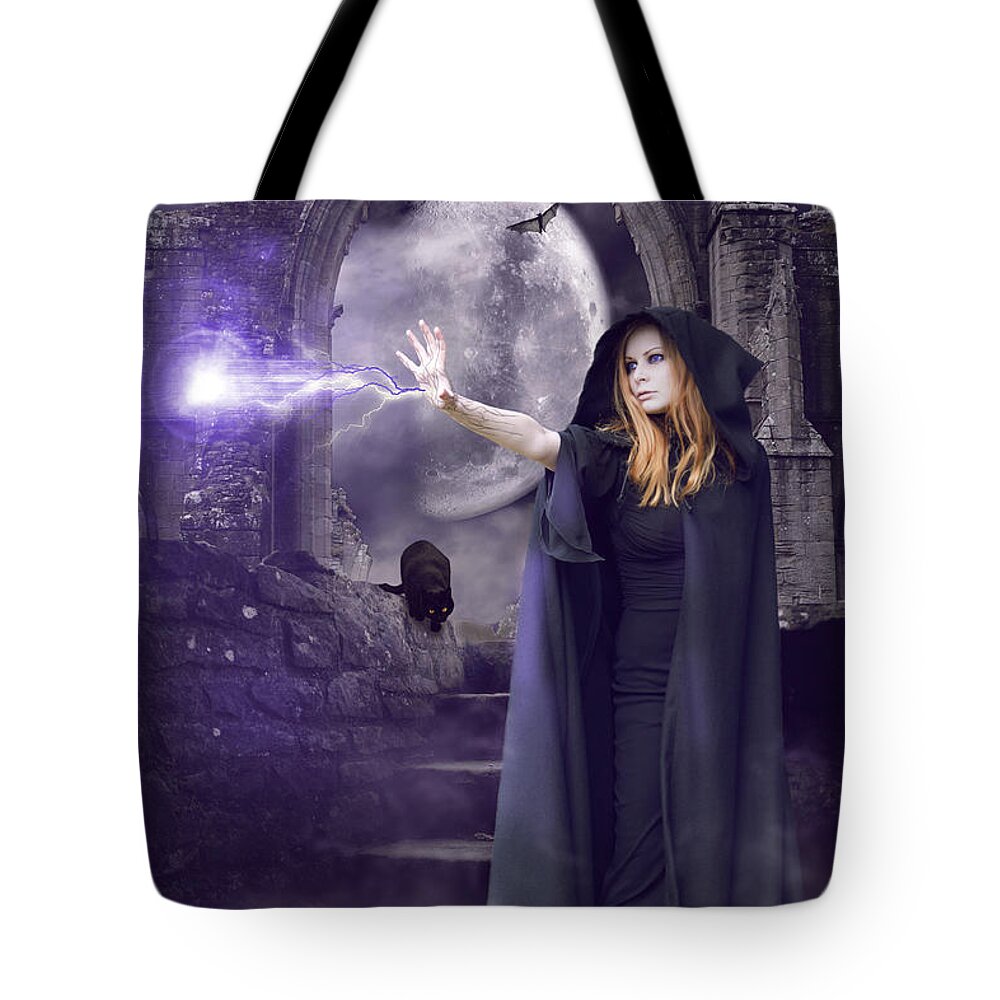 Halloween Tote Bag featuring the digital art The Spell is Cast by Linda Lees