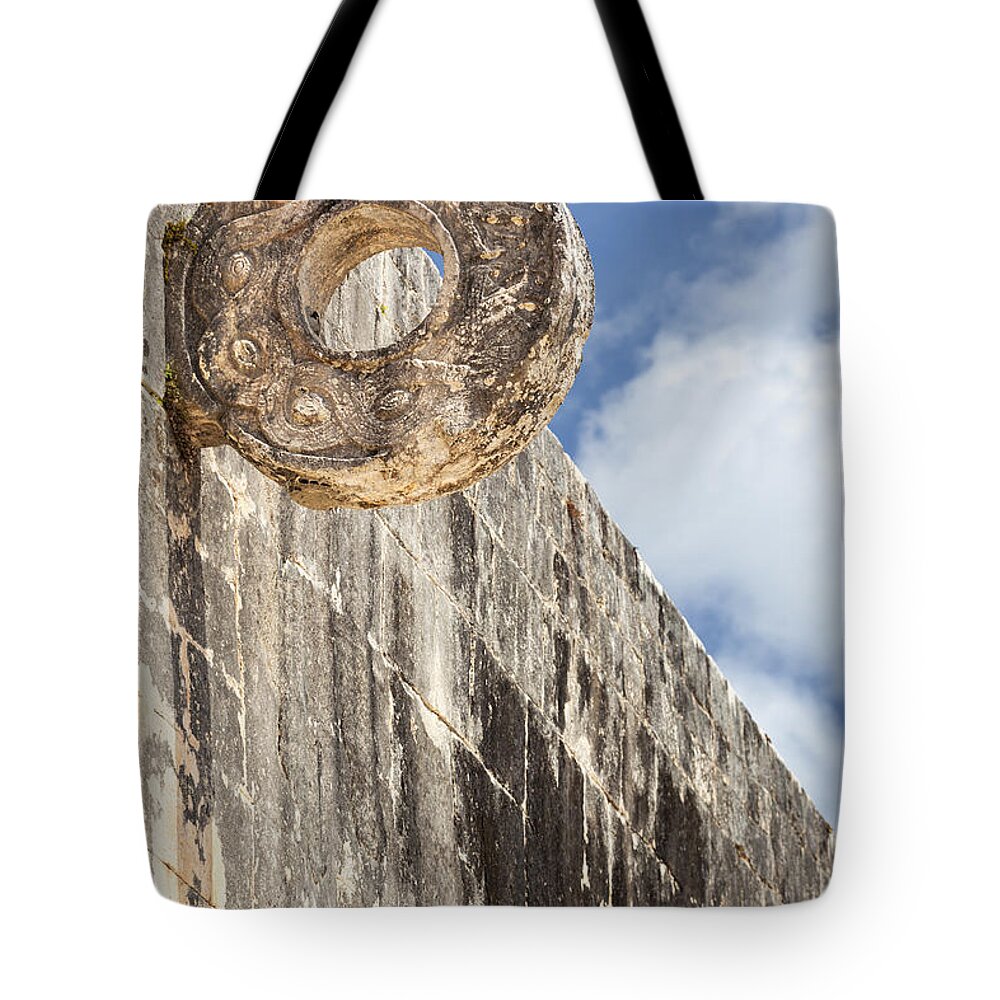 Art And Craft Tote Bag featuring the photograph The Stone Ring at the Great Mayan Ball Court Of Chichen Itza by Bryan Mullennix