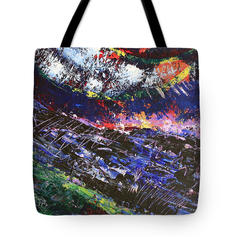 The Sun Moon And Earth Tote Bag featuring the painting The Sun Moon and Earth by Kume Bryant
