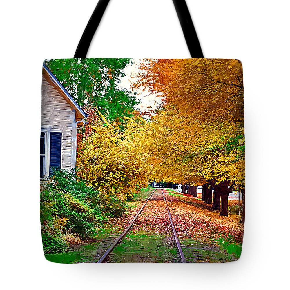 Autumn Foliage Tote Bag featuring the painting The Tracks by Kirt Tisdale