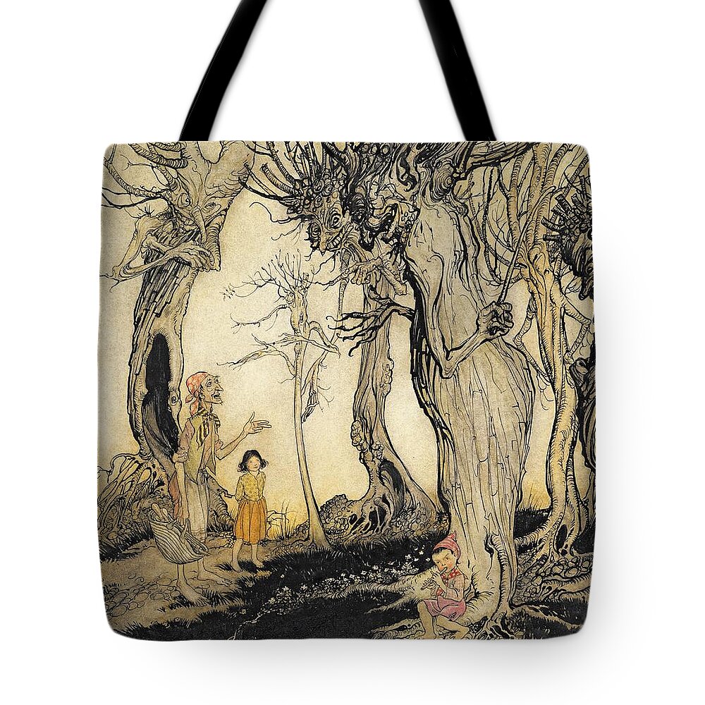 Fairy Tale Tote Bag featuring the drawing The Trees And The Axe, From Aesops by Arthur Rackham
