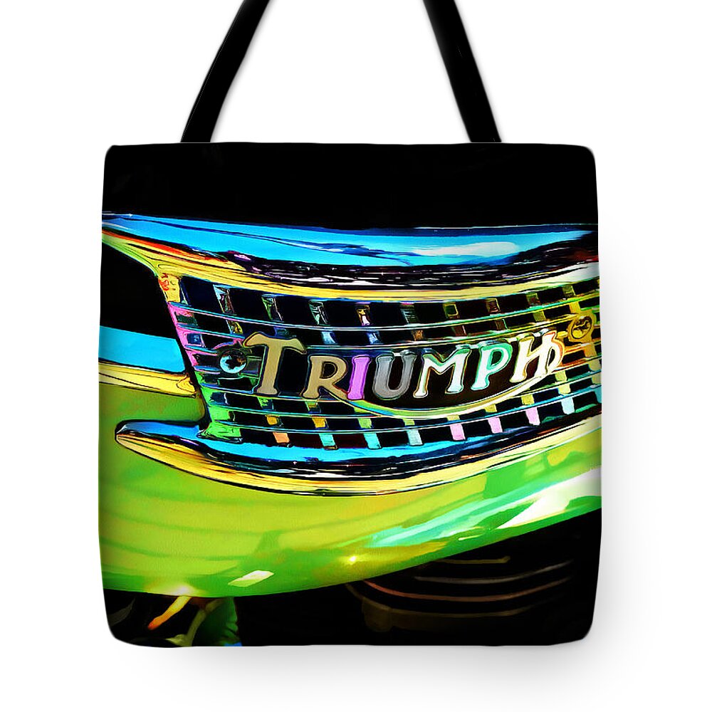 Triumph Tote Bag featuring the photograph The Triumph Petrol Tank by Steve Taylor