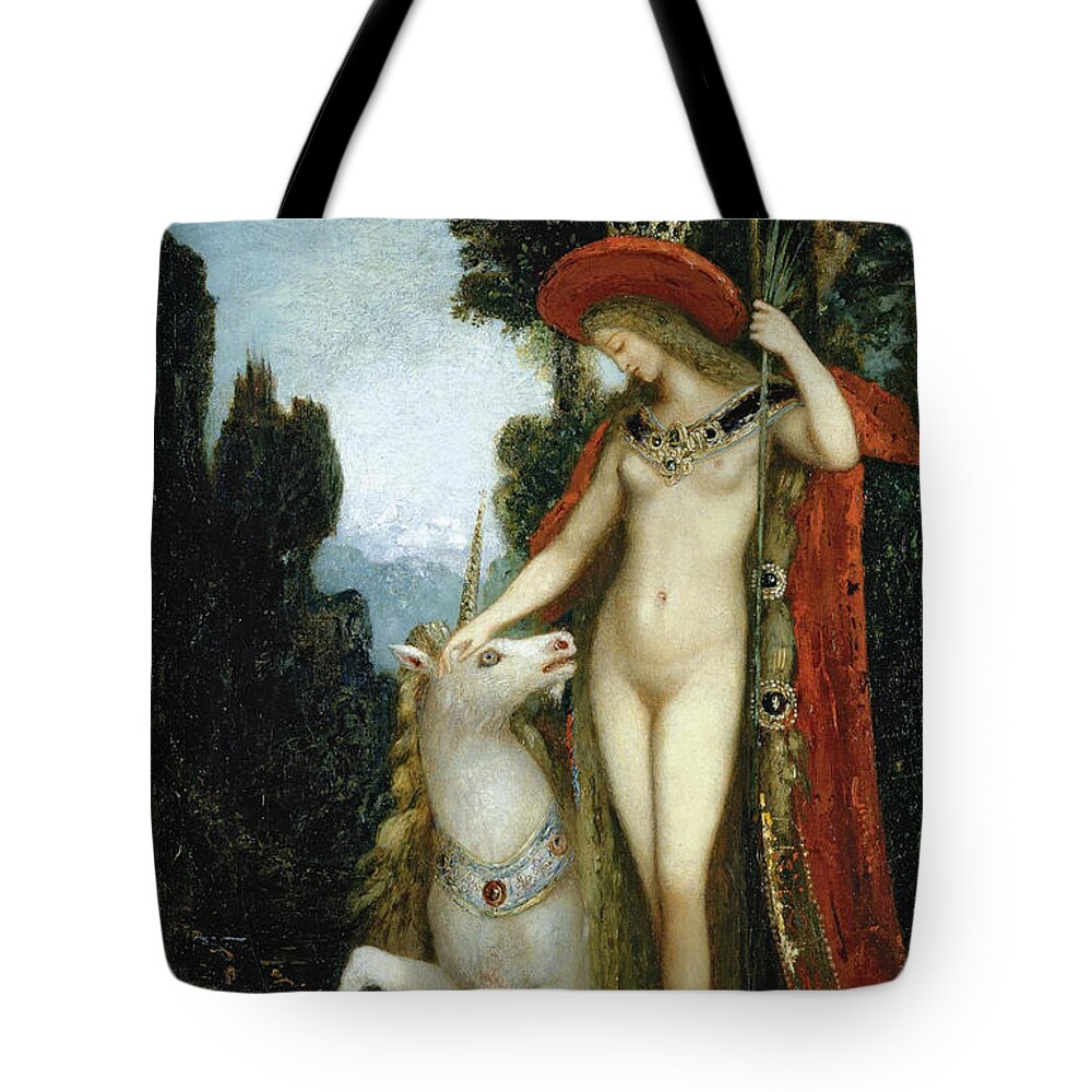 Gustave Moreau Tote Bag featuring the painting The Unicorn by Gustave Moreau