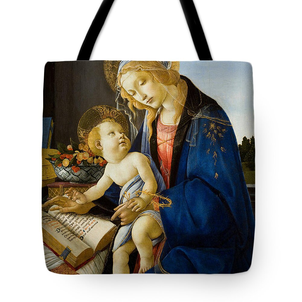 Sandro Botticelli Tote Bag featuring the painting The Virgin and Child by Celestial Images