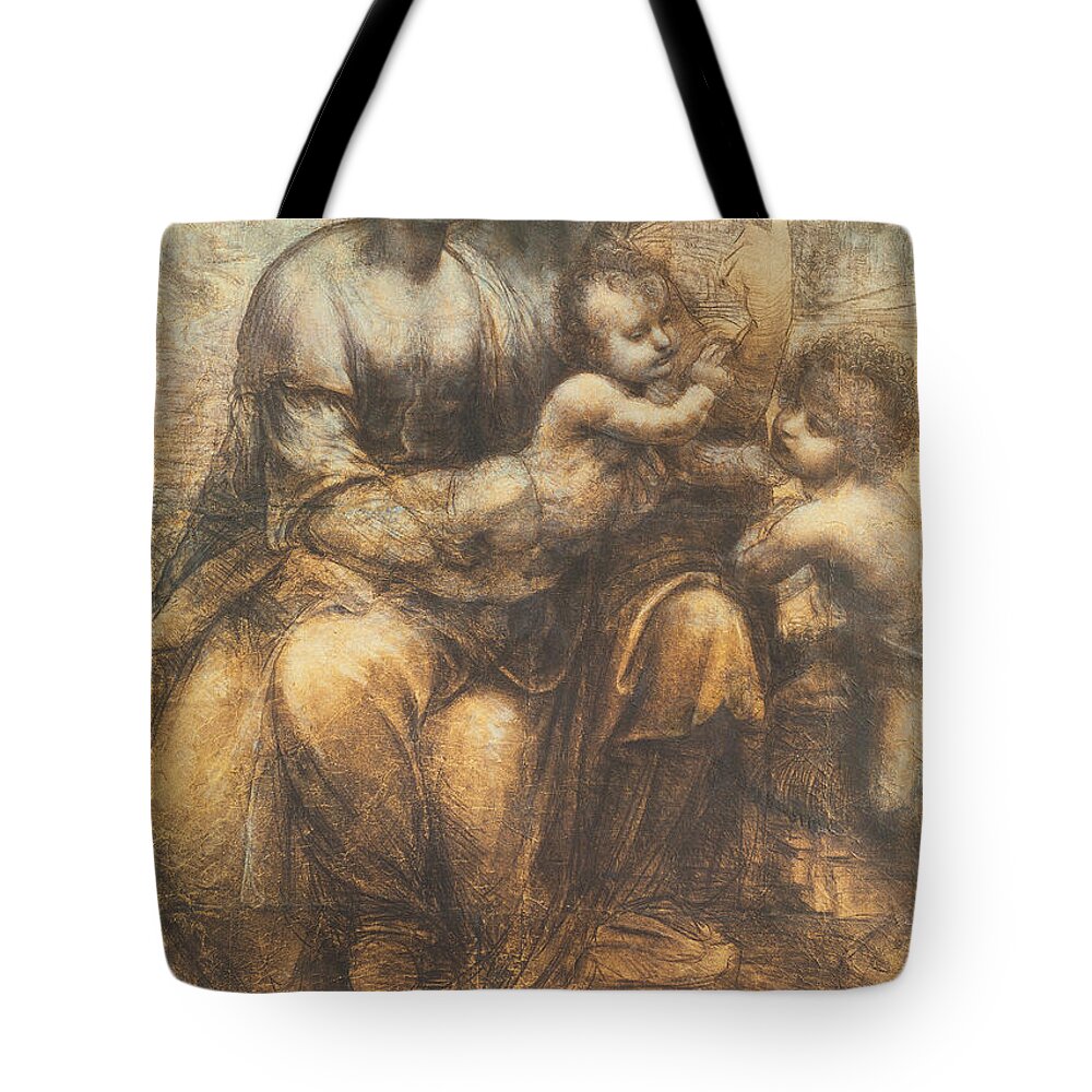 Mother; Child; Drawing; Cartoon; John The Baptist; Infant; Meeting; Serene; Serenity; Saint; Anne; Saints; Family; Holy Family; Children; Smile; Smiles; Tender; Tenderness; Infant Tote Bag featuring the drawing The Virgin and Child with Saint Anne and the Infant Saint John the Baptist by Leonardo Da Vinci