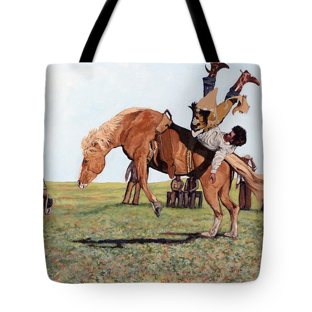 Bull Tote Bag featuring the painting The Waiting Line by Tom Roderick