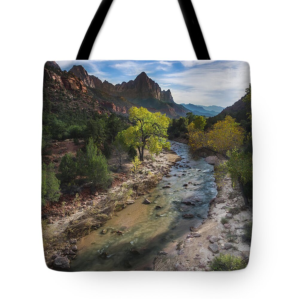  Zion; Zion National Park; Canyon; Clouds; River; Sunset; Trees; Virgin River; Utah Tote Bag featuring the photograph The Watchman in Zion National Park by Larry Marshall
