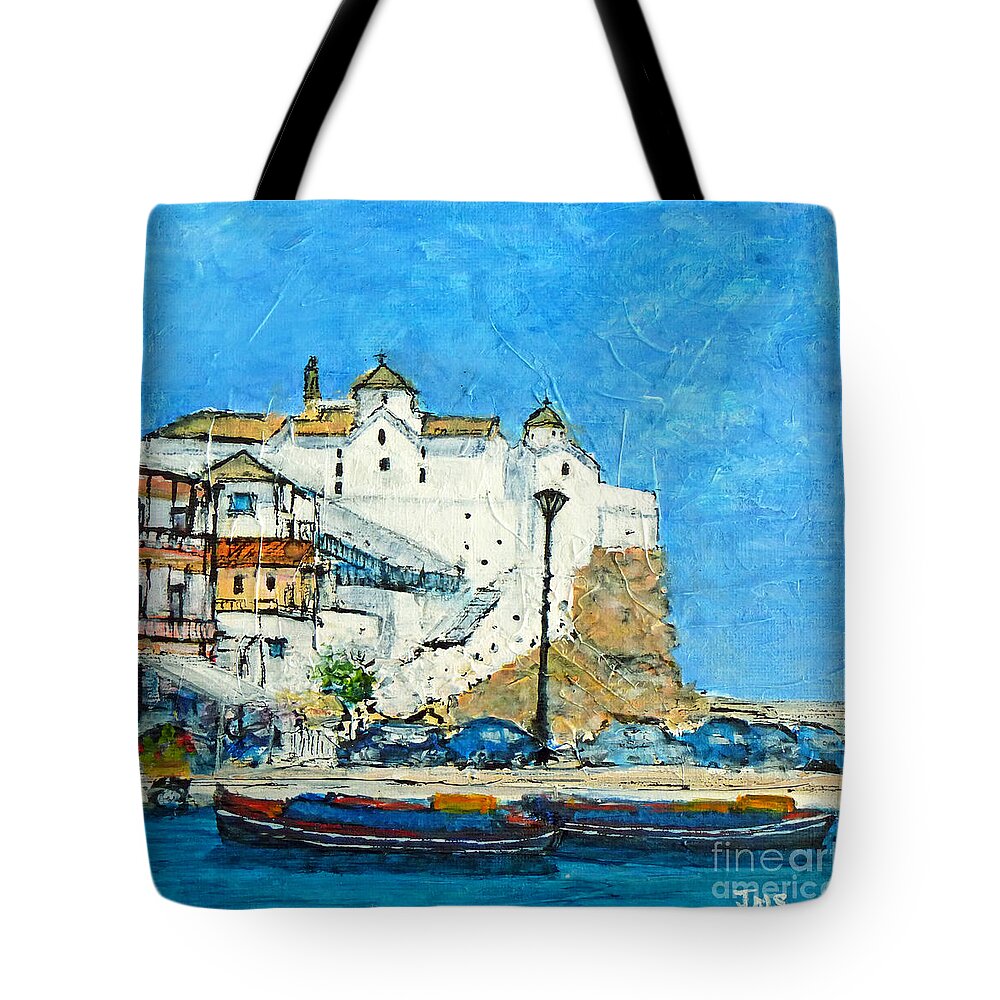 Mixed Media Tote Bag featuring the painting The White Church Skopelos by Jackie Sherwood