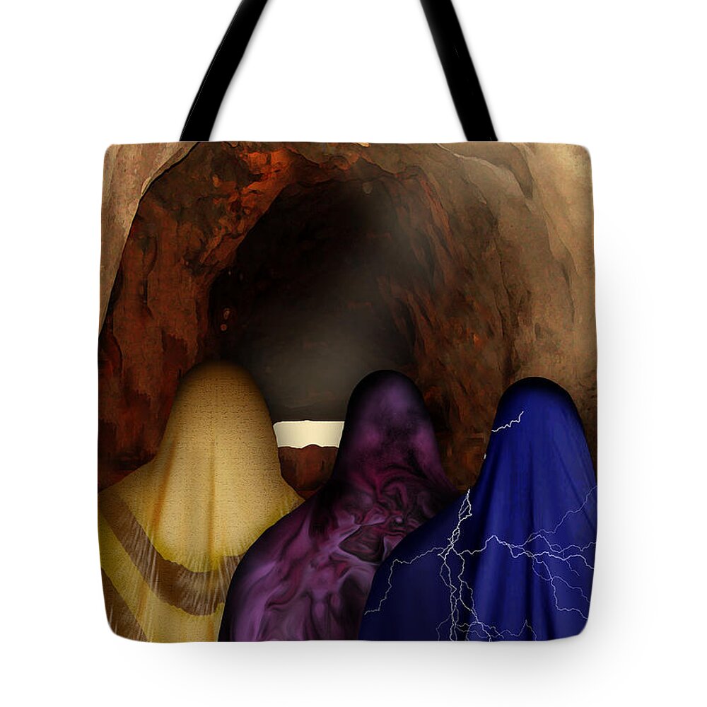 Easter Tote Bag featuring the digital art The Women at the Empty Tomb - He Lives by Julie Rodriguez Jones