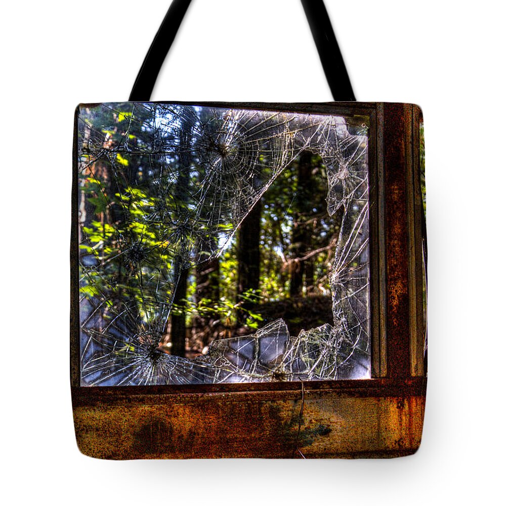 Window Tote Bag featuring the photograph The Woods Through a School Bus Window by Douglas Barnett