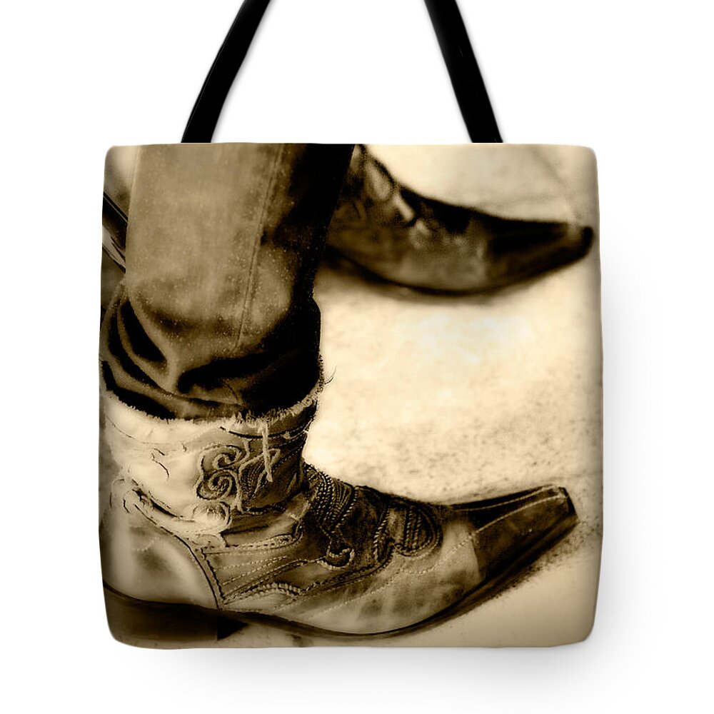 Male Model Tote Bag featuring the photograph 'dem Boots by Melinda Ledsome
