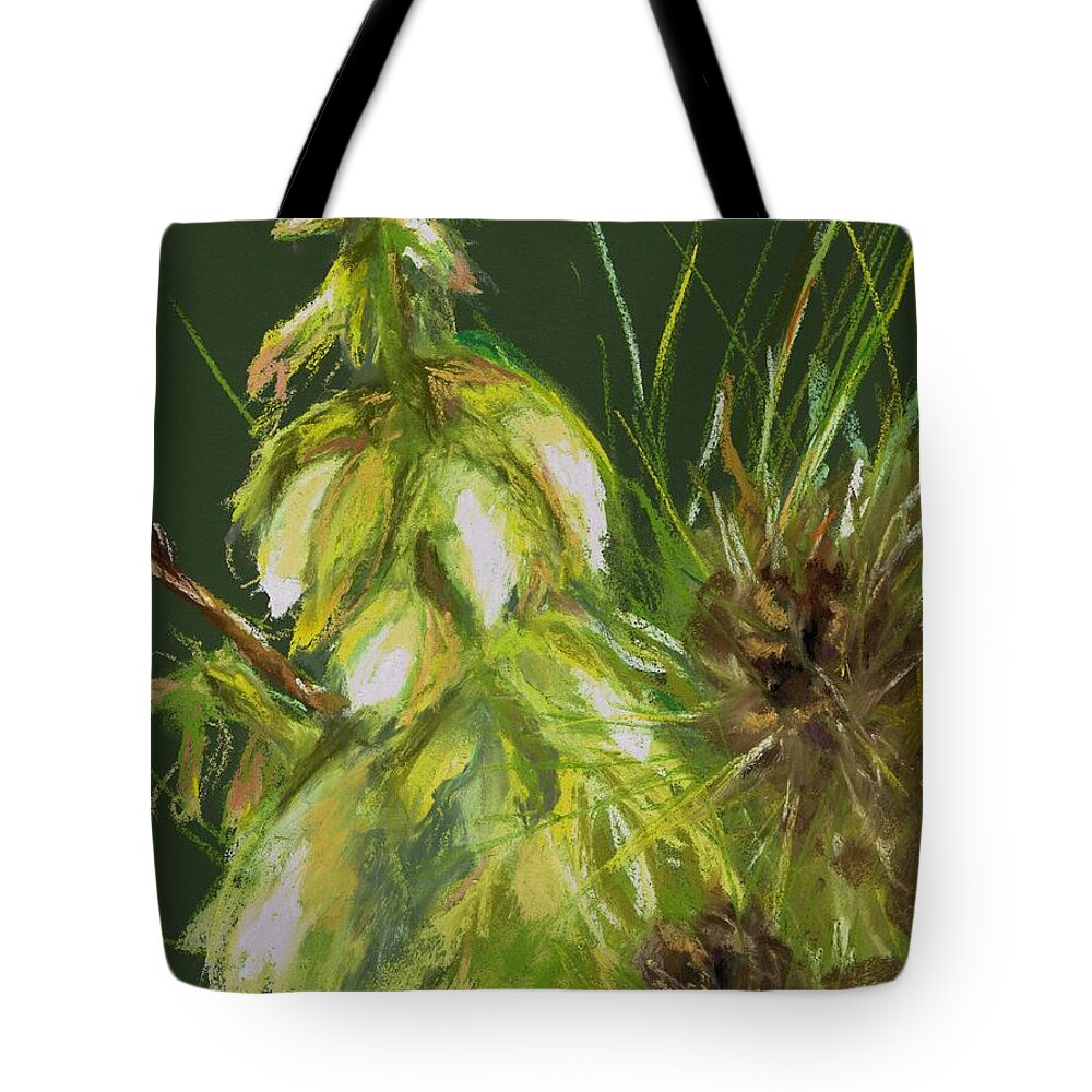 Desert Flowers Tote Bag featuring the drawing Theres a Yucca In My Yard by Frances Marino