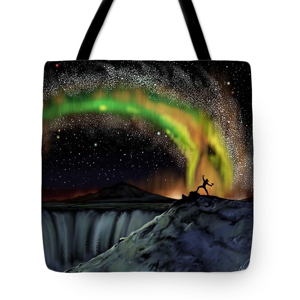 Landscape Tote Bag featuring the digital art Thor and Jormungand by Norman Klein