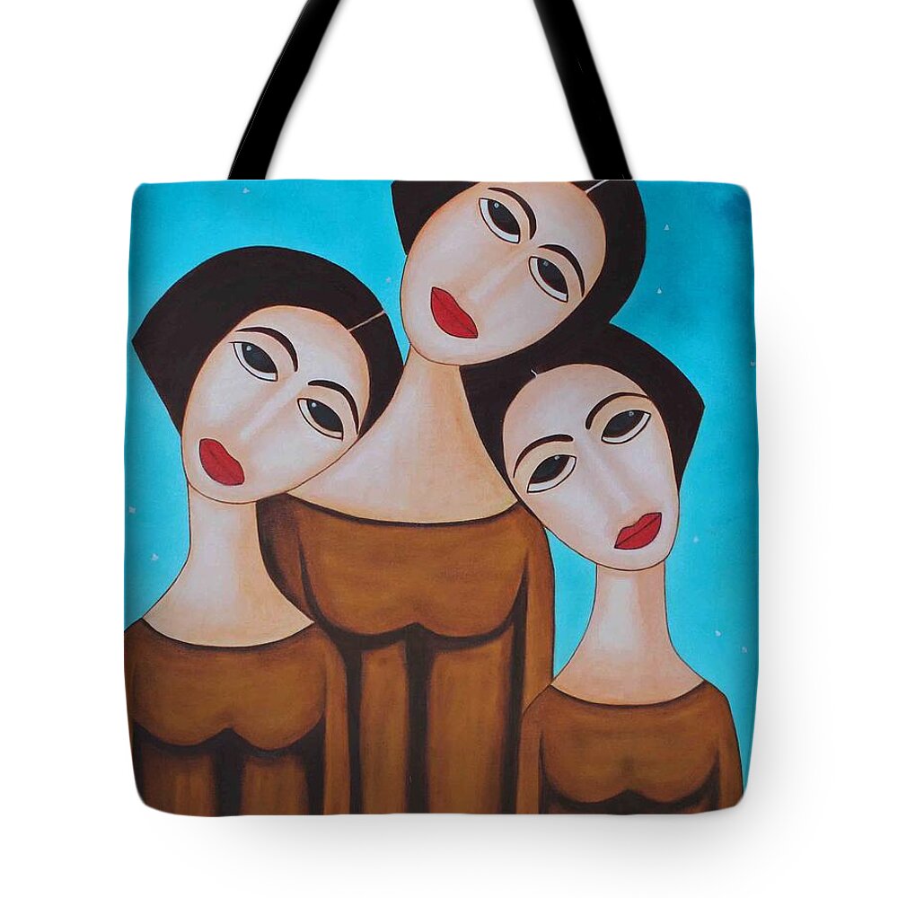 Oil Tote Bag featuring the painting Three Angels by Sonali Kukreja