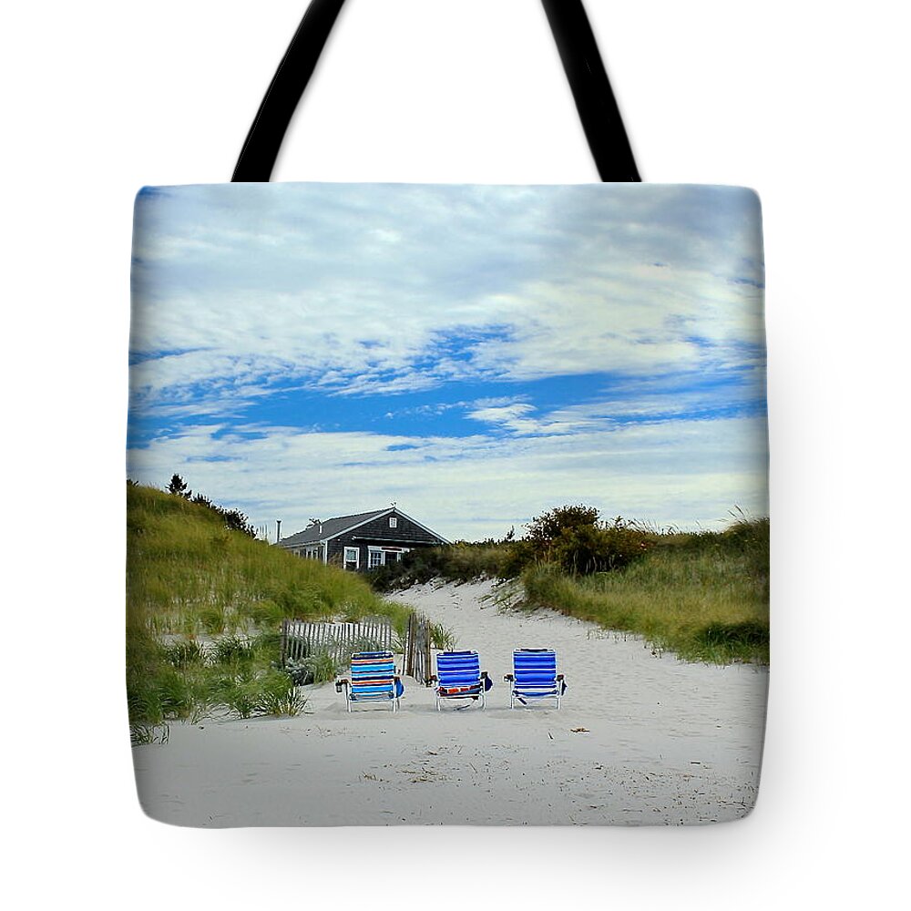 Beach Tote Bag featuring the photograph Three Blue Beach Chairs by Amazing Jules