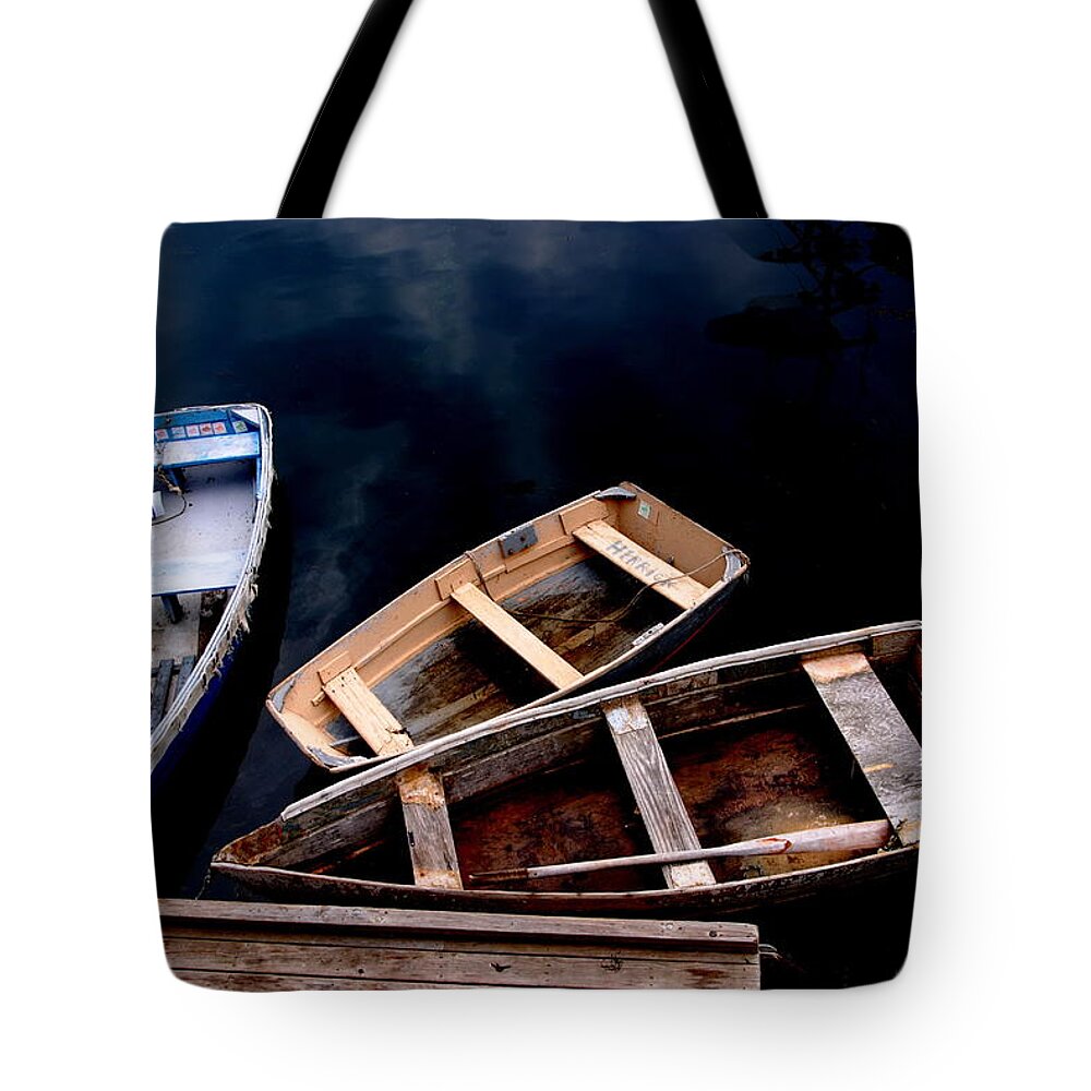 Rockport Mass Tote Bag featuring the photograph Three Boats in Rockport Mass by Jacqueline M Lewis
