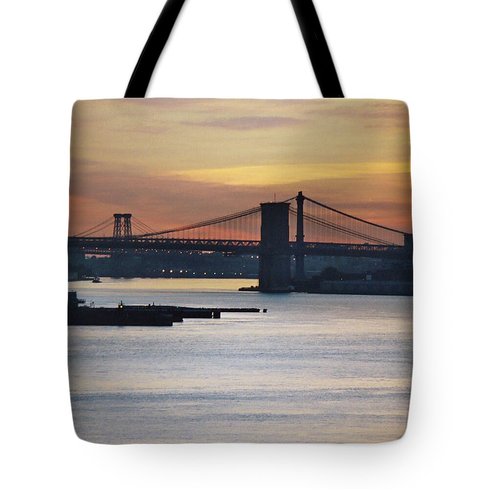 Sunrise Tote Bag featuring the photograph Three Bridges by John Schneider