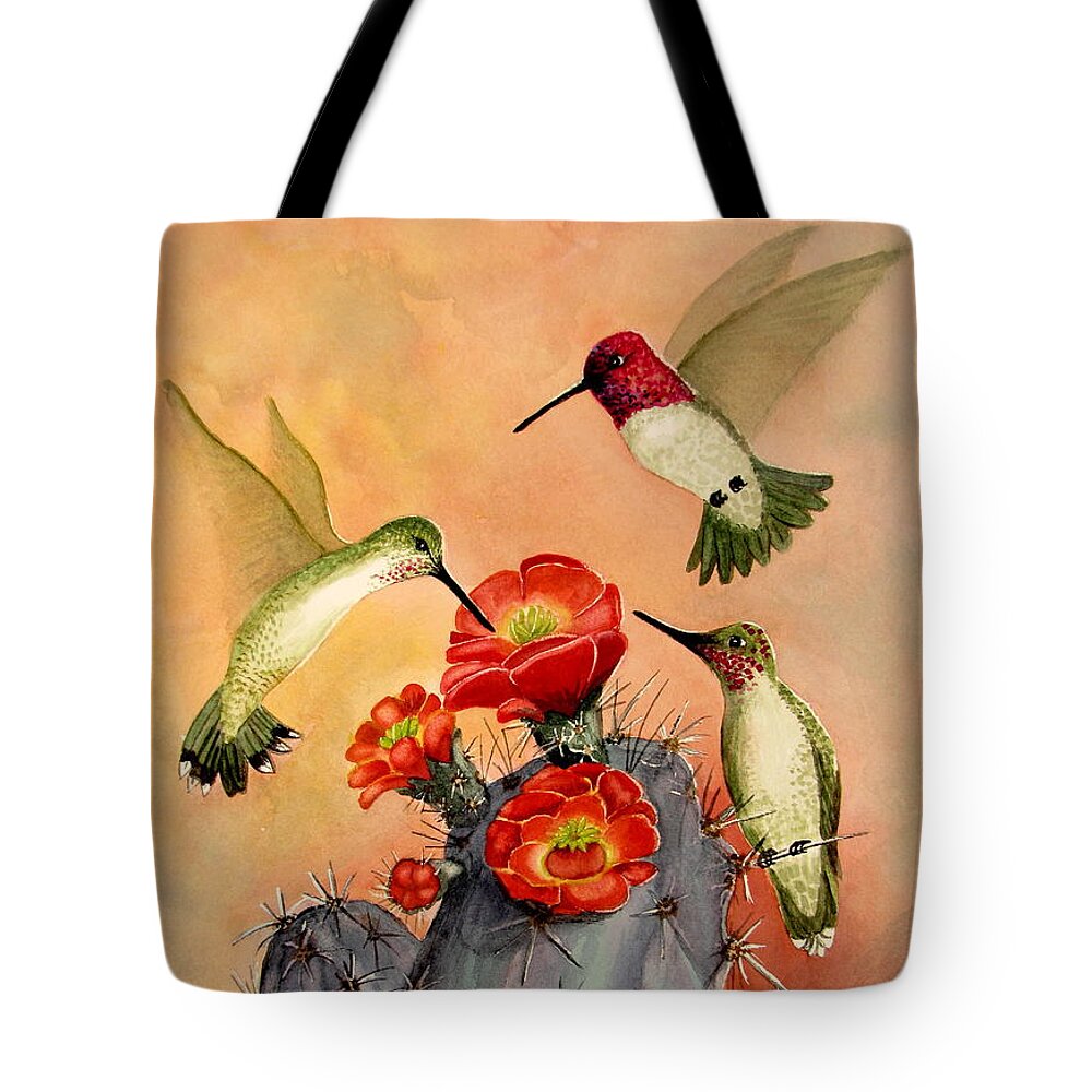 Hummingbirds Tote Bag featuring the painting Three For Breakfast by Marilyn Smith