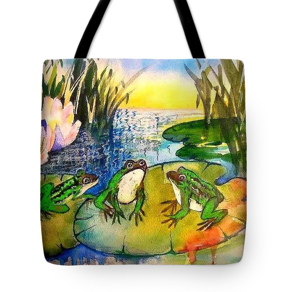 Lflowers Frogs Pond Tote Bag featuring the painting Three Frogs by Esther Woods