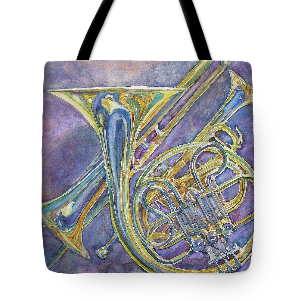 Horn Tote Bag featuring the painting Three Horns by Jenny Armitage