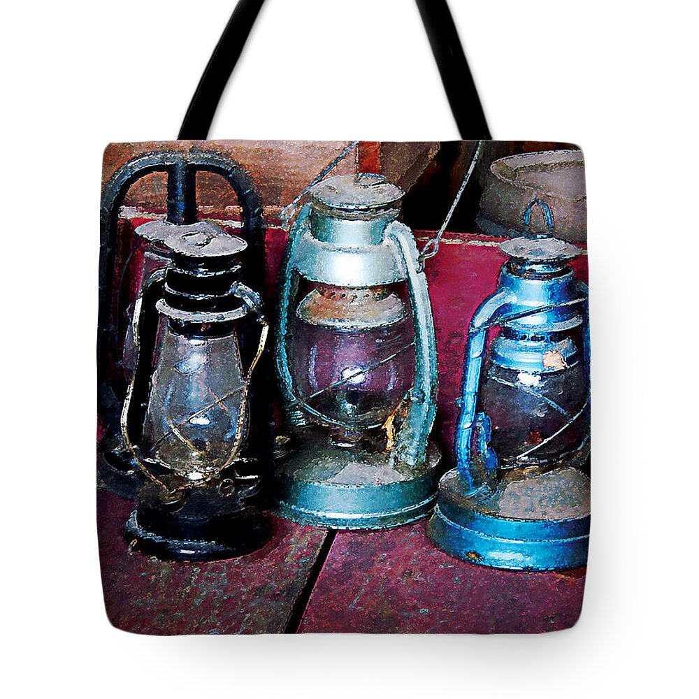Lamp Tote Bag featuring the photograph Three Kerosene Lamps by Susan Savad