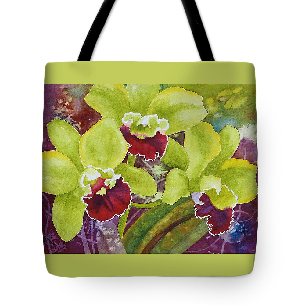 Orchid Tote Bag featuring the painting Three Ladies by Nancy Jolley