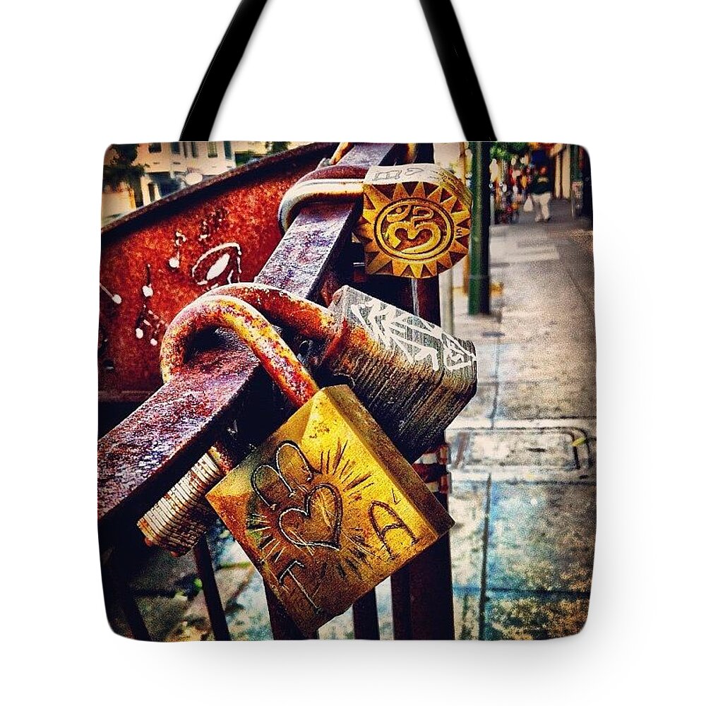 Juliegeb Tote Bag featuring the photograph Three Locks by Julie Gebhardt