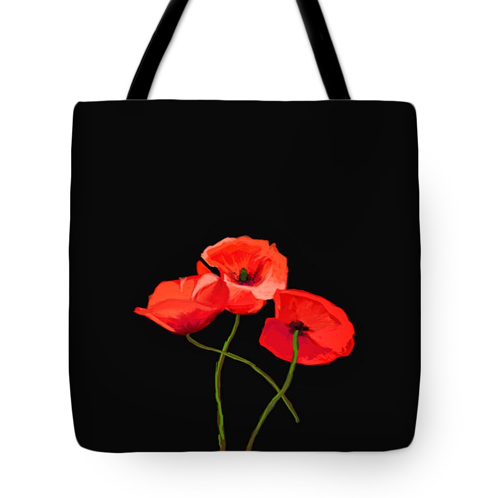 Poppies Tote Bag featuring the photograph Three Poppies on Black by Lynn Bolt