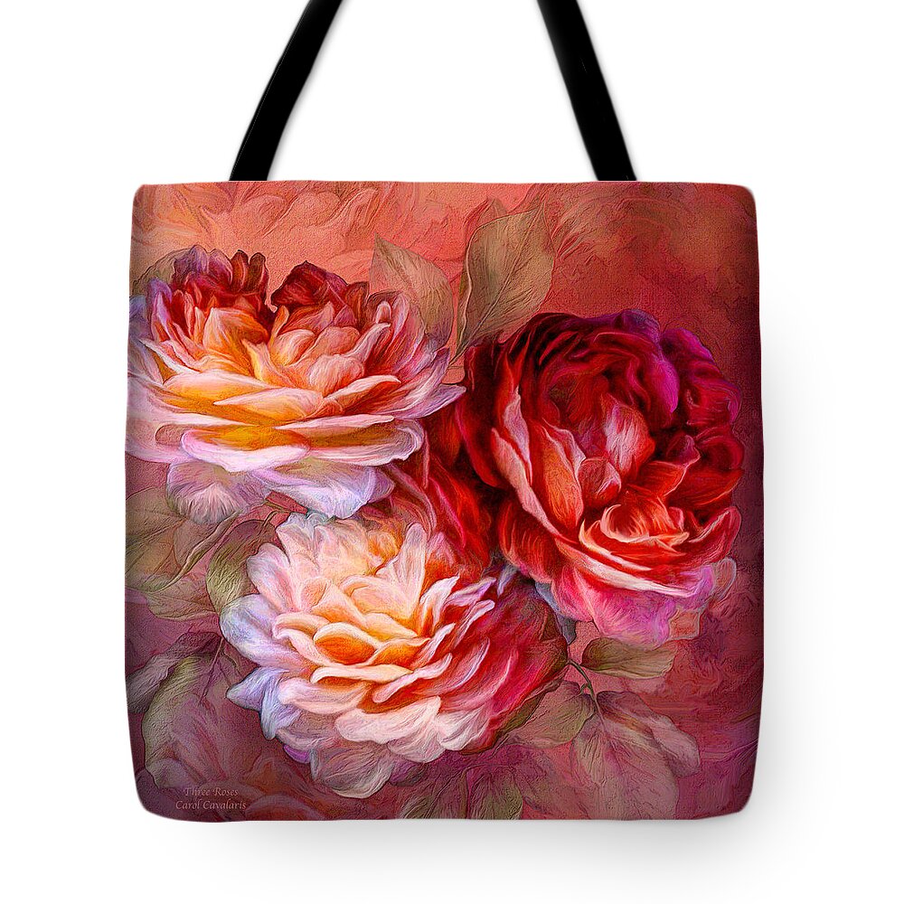 Rose Roses Tote Bag featuring the mixed media Three Roses - Red by Carol Cavalaris