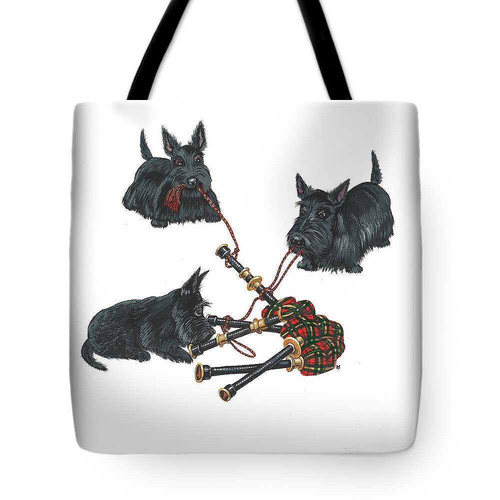 Painting Tote Bag featuring the painting Three Scotties and the Pipes by Margaryta Yermolayeva