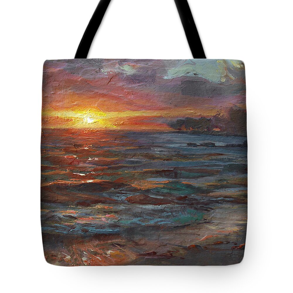 Hawaii Tote Bag featuring the painting Through The Vog - Hawaii Beach Sunset by K Whitworth