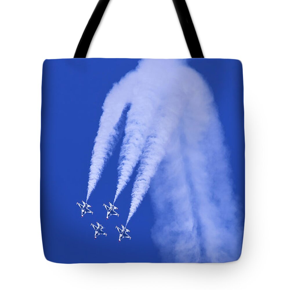 Thunderbirds Tote Bag featuring the photograph Thunderbirds Diamond Formation Downwards by Donna Corless