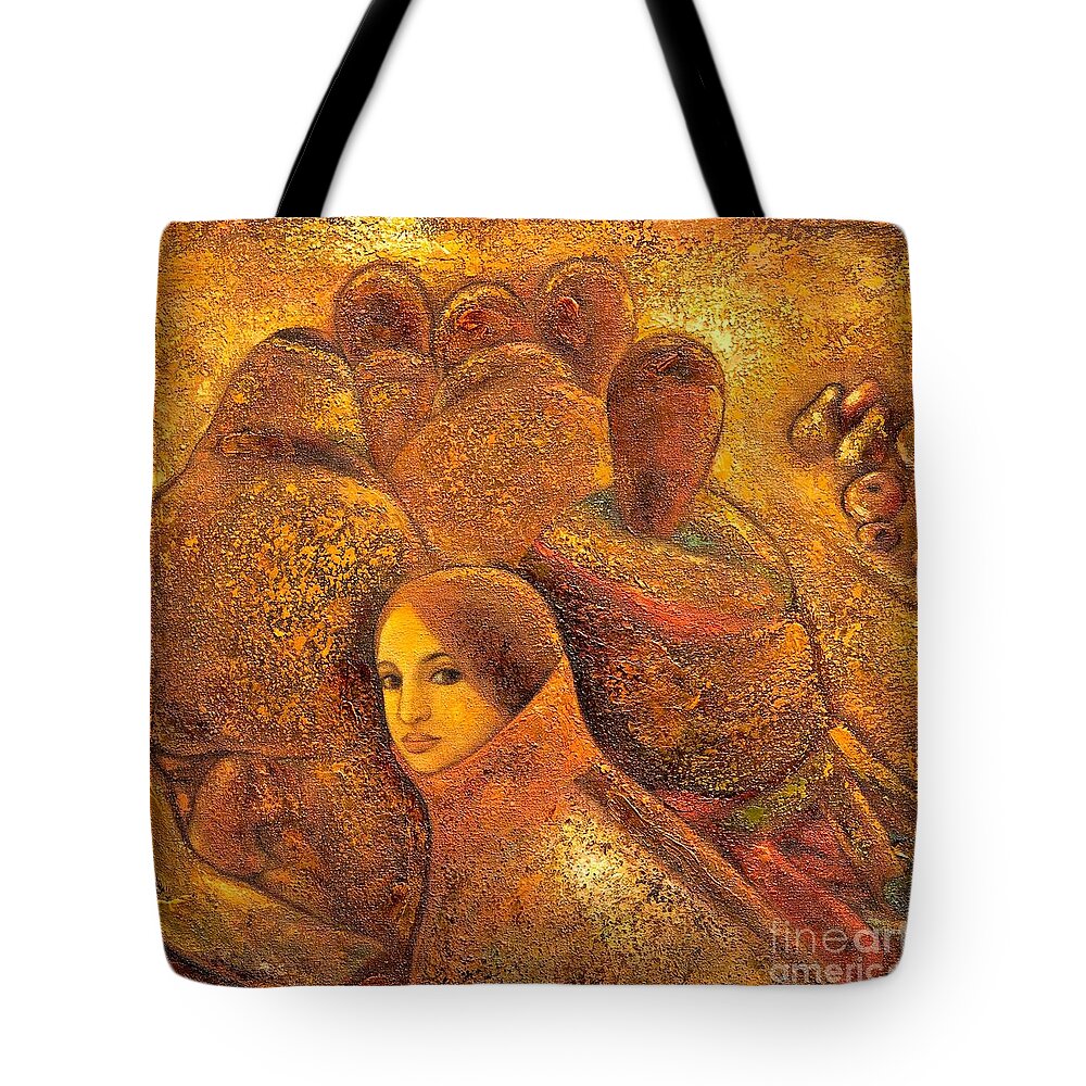 Tibet Tote Bag featuring the painting Tibet Golden Times by Shijun Munns
