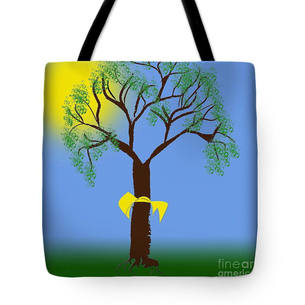 Tree Tote Bag featuring the digital art Tie A Yellow Ribbon Round The Ole Oak Tree by Andee Design